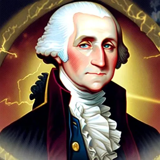 Prompt: a zoomed in picture on president George Washington . He is a super hero of America. His eyes are glowing red and blue with lasers. Light and super powers of super heroes around him lightening bolts 