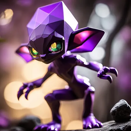 Prompt: Small purple humanoid figure, long pointy ears, large hexagon shaped gems for eyes, glowing eyes, large eyes, a large mouth with small pointy teeth, three fingers on each hand and three toes on each foot, short limbs, crouched stance, purples and blues, dim lighting, cave, spooky, goblin like, alien, dark, smooth skin, crystals, genderless, smokey