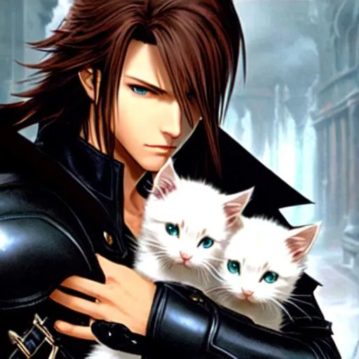 Prompt: Squall from Final Fantasy holding a bunch of kittens, but silently being watched by Sephiroth