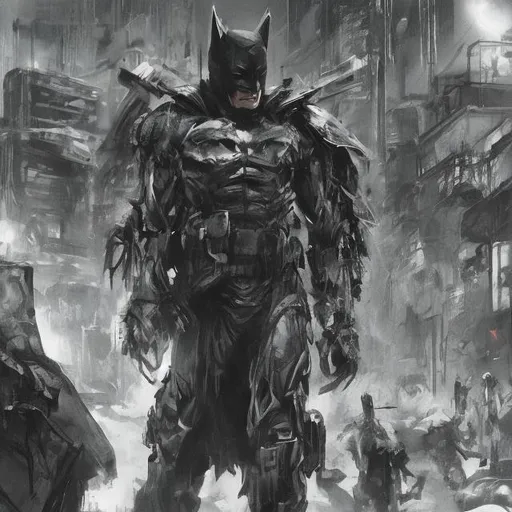 Prompt: Very dark black and green evil distant future tech batman. Accurate. realistic. evil eyes. Slow exposure. Detailed. Dirty. Dark and gritty. Post-apocalyptic Neo Tokyo. Futuristic. Shadows. Sinister. Armed. Fanatic. Intense. 