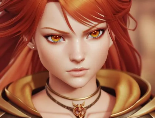 Prompt: WETA Digital 3D Rendered High-Angle Close-Up View of Shiris, Fiery-Redheaded Medieval Mercenary. Intense Gaze, Determined Expression on her Strikingly Beautiful Young Face. Piercing Almond-Shaped Eyes. Golden Metal Choker. Brown Cloak. Octane Render