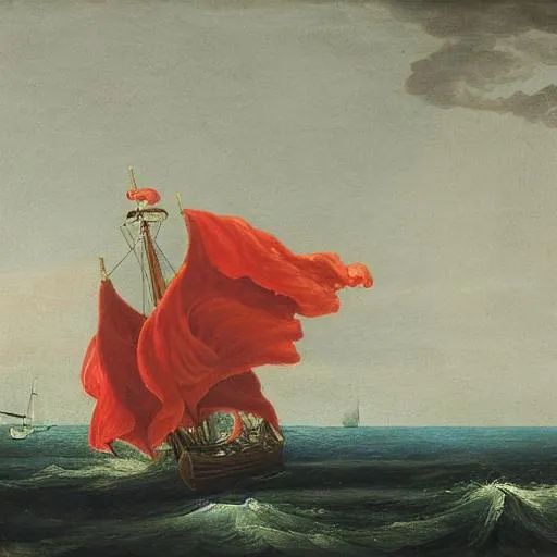 Prompt: An 18th century sailing ship over a tropical sea a red flag flies above the ship
