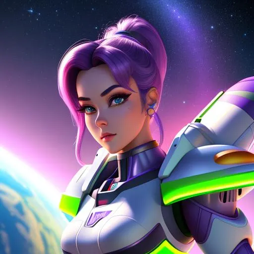 Prompt: Young beautiful buzz lightyear,female,futuristic,robotic,cyberpunk  model,2099,highly detailed,ultra-fine detailed,UHD,HDR,pixar ilustration,Disney,dynamic,face detailed,masterpiece,epic,64k,ulta Sharp focus,Aurora,zero gravity,perfect composition,cinematic lighting,space background,Mecha,full of star,earth,