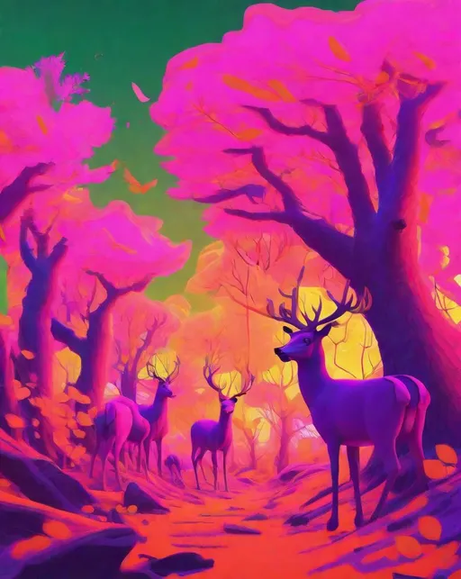 Prompt: A surreal digital illustration of objects in clashing fluorescent color combinations that don't exist in real life - pink trees underneath a green sky populated by purple deer, bright yellow leaves blowing in an orange wind. The colors are highly saturated and imaginative.