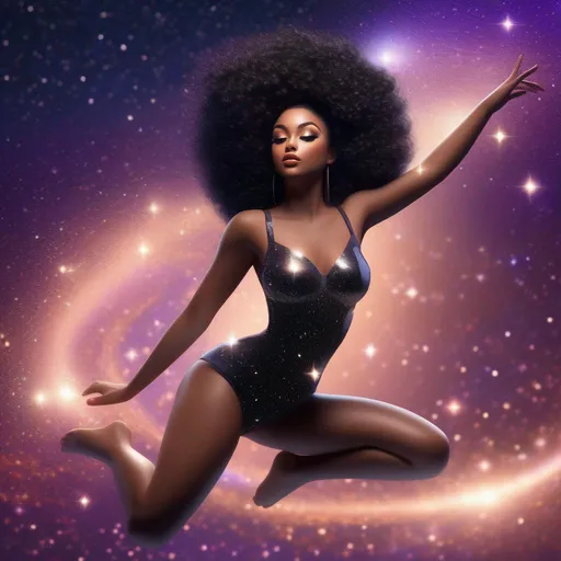 Prompt: 3d art pin-up girl skin black  hair brown skin flying poseing in the glitter Galaxy fullbody