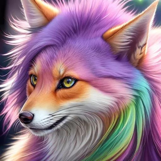 Prompt: {pink, purple, yellow, and mint green fox kit}, realistic, epic oil painting, pastel colors, (canine quadruped:1), large round purple eyes, hyper detailed eyes, (hyper real), furry, (hyper detailed), photorealism, extremely beautiful, playful, UHD, studio lighting, best quality, professional, extremely beautiful, glistening fur, fur glows like auroras, highly saturated colors, neon colors, masterpiece, ray tracing, cosmos, nebula background, 8k eyes, 8k, highly detailed, highly detailed fur, hyper realistic thick fur, (high quality fur), fluffy, fuzzy, full body shot, anime background, rear view, hyper detailed eyes, perfect composition, realistic fur, fox nose, highly detailed mouth, realism, ray tracing, soft lighting, complex background, highly detailed background, studio lighting, masterpiece, trending, instagram, artstation, deviantart, best art, best photograph, unreal engine, high octane, cute, adorable smile, lazy, peaceful, (highly detailed background), vivid, vibrant, intricate facial detail, incredibly sharp detailed eyes, incredibly realistic fur, concept art, anne stokes, yuino chiri, character reveal, extremely detailed fur, sapphire sky, complementary colors, golden ratio, rich shading, vivid colors, high saturation colors, silver light beams