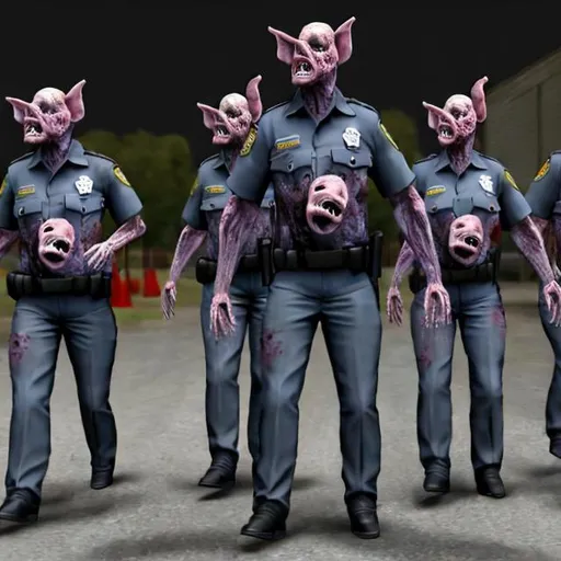 Prompt: Zombie humanoid pig-police in full uniforms.