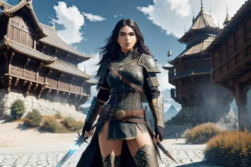Prompt: Artgerm, 3d render, female warrior with long fuzzy hair and brown eyes, intricate black leather rogue armor,  full pose, holding black spear and shield, the witcher, fantasy, atmospheric,,elder scrolls, Intricate, Elegant, airbrush art, Scenic, Hyper-Realistic, CryEngine, Octane Render, 8k, symmetrical face, accurate anatomy, full body, backside vieuw, photographic, volumetric lighting, forest, black leather, latex, leggings, holding black spear, pin up, cute face, freckled, beautiful woman,  black leather, tight leggings,  backside view, 
