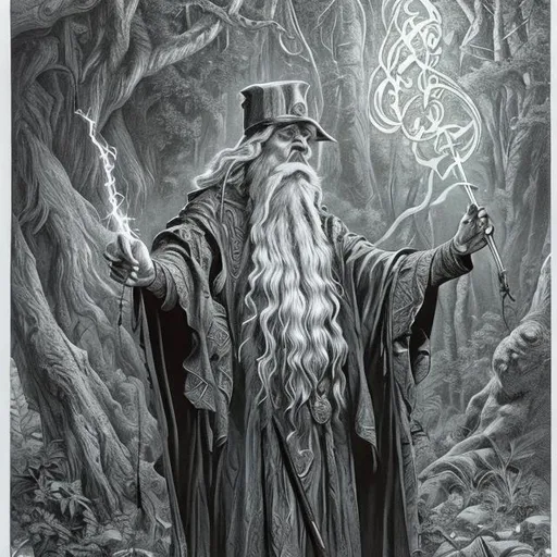 Prompt: lavish majestic wizard of old, casting a spell, lighting bolt held in left hand highly detailed, magical, polished, stunning forest background fine polished detailed, leonard hale style
