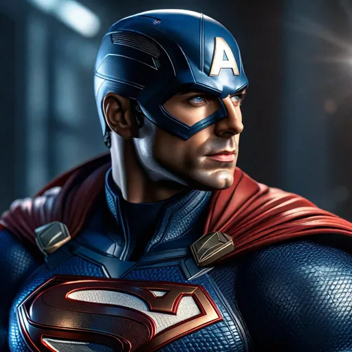 Prompt: Portrait of {Superman as captain America}, perfect composition, hyperrealistic, super detailed, 8k, high quality, trending art, trending on artstation, sharp focus, studio photo, intricate details, highly detailed,happy face, by greg rutkowski