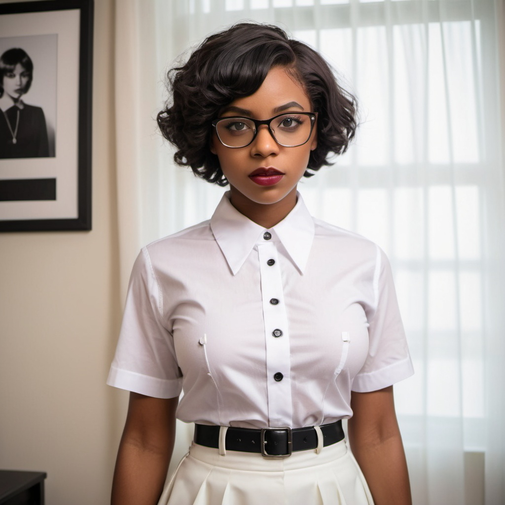 A zaftig nerd ebony women wearing a collar wing cla