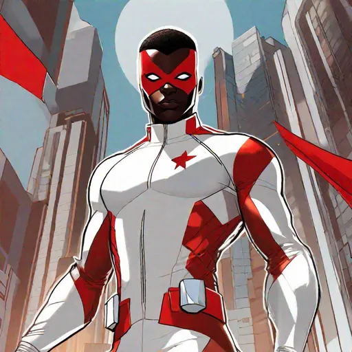 Prompt: A superhero dressed in white spandex uniform with red detail. He wears a mask. Marvel comics art. DC comics art. Comics art. Well draw face. Detailed. Black skin, african complexion. 2d. 2d art. 