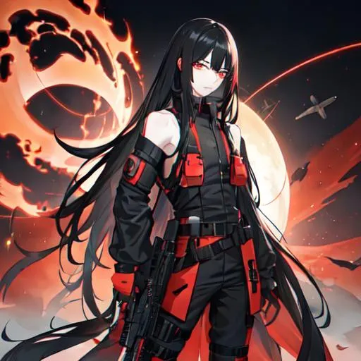 Prompt: 1male (pale) (long black hair) (red eyes) holding a gun, nuclear fallout