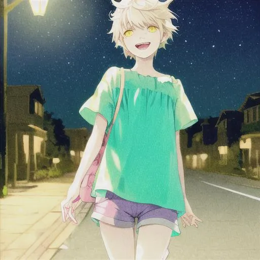 Prompt:  laughing girl with gold eyes and short messy white hair, pixie cut, windy hair, shorts, walking neighborhood at night, blue, green, peach skin, pink, colors