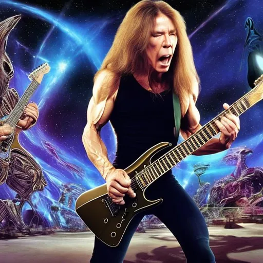 Prompt: Bodybuilding Uli Roth playing guitar for tips in a busy alien mall, widescreen, infinity vanishing point, galaxy background