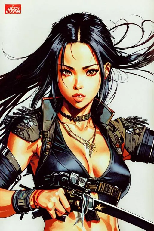 Prompt: (((Yoji Shinkawa))), sticker of ultra detailed portrait of Aaliyah Dana Haughton in black ninja outfit holding sheathed katana, high quality cell shaded illustration in post apocalyptic style by Yoji Shinkawa, ((full body)), dynamic pose, perfect anatomy, centered, freedom, soul, black long hair, approach to perfection, cell shading, 4k , cinematic dramatic atmosphere, watercolor painting, global illumination, detailed and intricate environment, artstation, concept art, fluid and sharp focus, volumetric lighting, cinematic lighting, Art by Yoji Shinkawa,