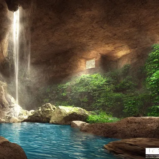 Prompt: A secluded waterfall, inside a cave, ultrarealistic rendering,