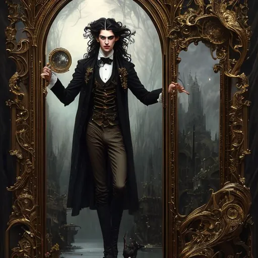 Prompt: Full body splash art of skinny male, poet, coming out of a mirror, androgynous, handsome, very long dark wavy hair, pale skin, victorian clothes, elegant, highly detailed, intricate, smooth, sharp focus, artstation, digital painting, concept art, art by greg rutkowski, alphonse mucha and John William Waterhouse, dark, eerie, gothic, creepy, romantic, insanity