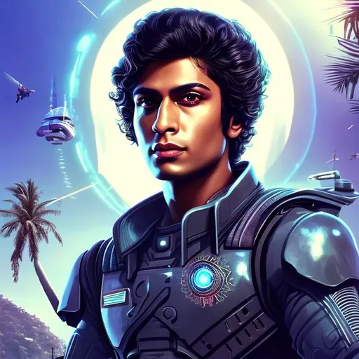 Prompt: handsome mid-twenties young arabic hindu man, light eyes, medium-dark skin, long black hair, thoughtful, sharp nose,  cheekbones, pilot, futuristic, synthwave, tropical, portrait, realistic details, photorealistic, 8k render, cinematic lighting, ultra detailed