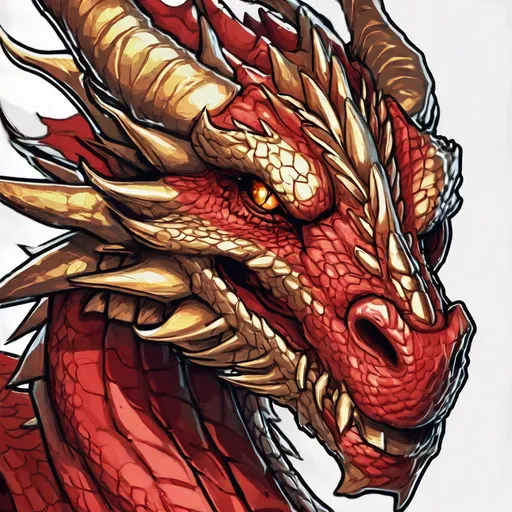 Prompt: Concept designs of a dragon. Dragon head portrait. Dragon head has a sleek appearance. Coloring in the dragon is predominantly red with light golden streaks and details present.