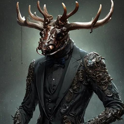 Prompt: character concept art Portrait of Anthropomorphic Stag beetle wearing pince-nez glasses dressed like a gentleman Hands folded human body black suit intricately designed perfect composition, hyperrealistic, super detailed, 8k, high quality, trending art, trending on artstation, sharp focus, studio photo, intricate details, highly detailed, background fairy lights, brokeh, woods gothic