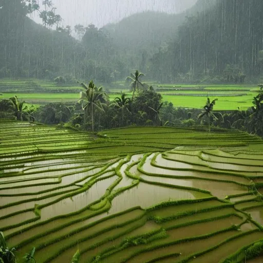 Prompt: Rainy afternoon over a tropical ricefield in oil