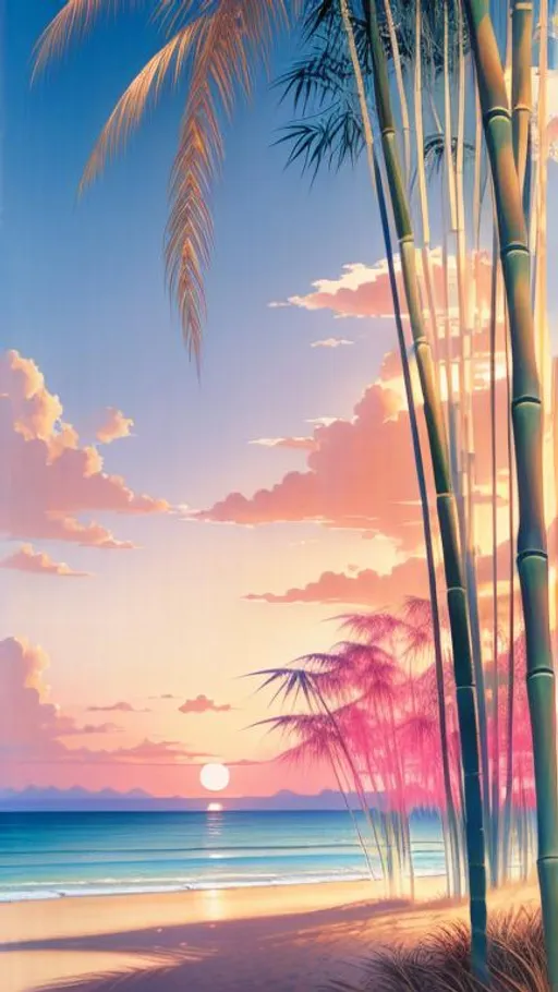 Prompt: bamboo, landscape, aesthetic, soft lighting, golden hour, tan, blue, white, high res, pink, dreamy, beach, art