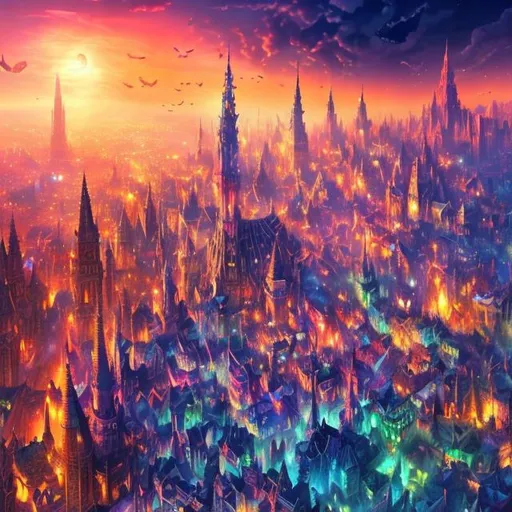 Prompt: The city of the dream realm fantasy realistic breath taking amazing beautiful colourful crowded with a lot of people 