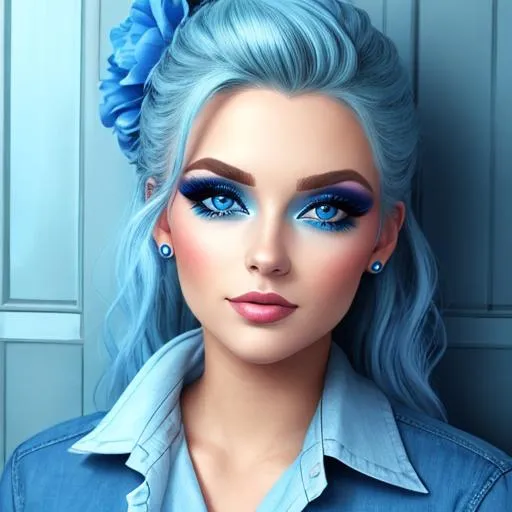 Prompt: A woman all in blue, blue eyes, pretty makeup