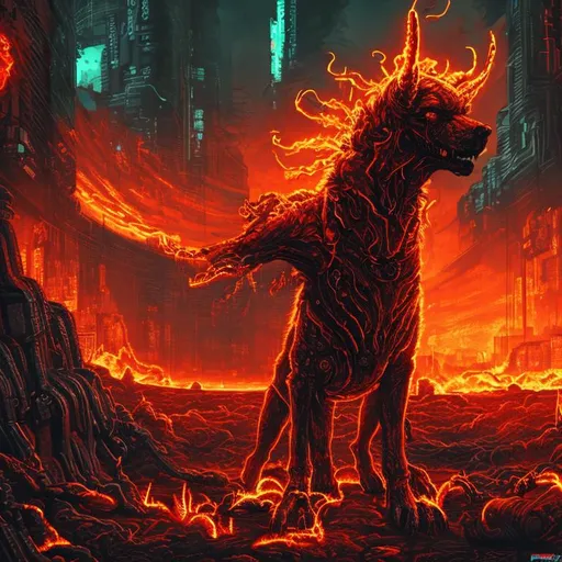 Prompt: cyberpunk style agressive hellhound in hell surrounded by a flaming world, extremly high detailed
