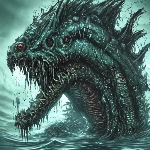 Prompt: Sea monster, mutation, demonic, sea, horror, disfigured, warped, deformed, rotting, angry, disgusting, full body, serpent, under water