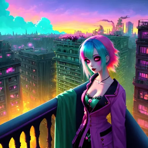 Prompt: Cute Pixar style painting of a beautiful zombie woman, pale green skin, pink and blue hair, goth clothing, apocalypse, ruined city, ruins, world on fire, on a balcony, vaporwave, sunrise, muted colors, pastel, backlit, frontlit, flying monsters