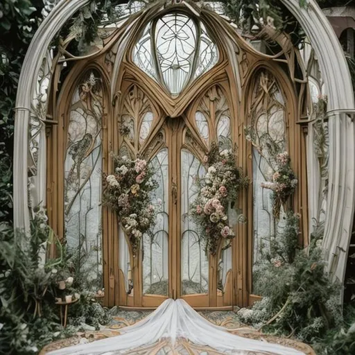Prompt: a brilliantly detailed art nouveau style wedding windows including forest floral and ethereal elements