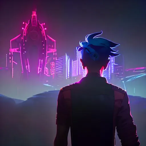 Prompt: Drawing of the beautiful silhouette of Rick Sanchez, rear view, against a post-apocalypse, futuristic Tokyo destruction, fog, neon, high resolution 4k