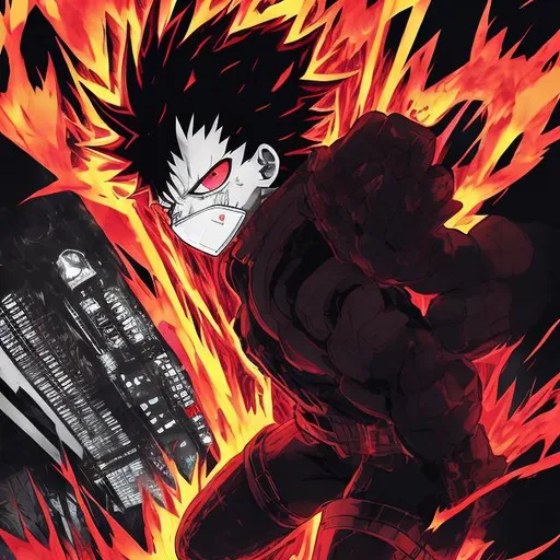 Prompt: Black and neon red. Accurate my hero academia todoroki masked as villain with fire. Very Dark image with lots of shadows. Background partially destroyed neo Tokyo. Noir anime. Gritty. Dirty. Visceral. Evil eyes. Bold