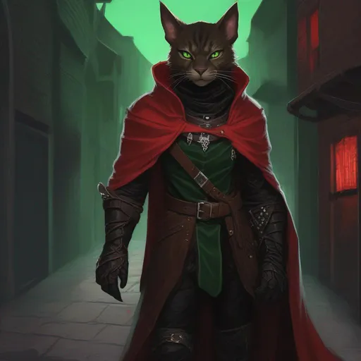 Prompt: DND a black male tabaxi with green eyes wearing black leather armor with a red cloak standing in a dark alley way