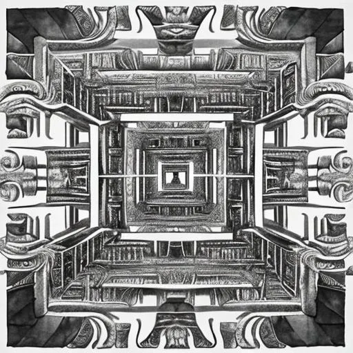 Prompt: create a detailed pen-and-ink sketch of Angkor Wat, in the style of MC Escher's 'Relativity', 