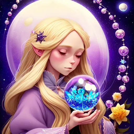 Prompt: witch with long blonde hair, using crystal ball, cute, flowers, aesthetic, pastel, fairycore, disney, pixar, by Ghibli studio, moon, stars, witchcraft, in a starry sky, sweet, award winning illustration, artstation, highres