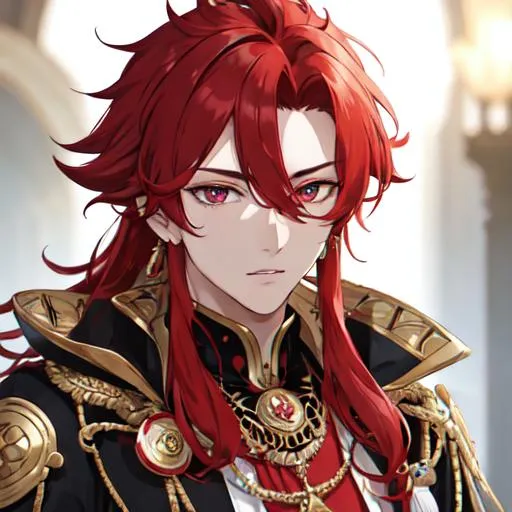 Prompt: Zerif 1male (Red side-swept hair covering his right eye) king, UHD, highly detailed, award-winning, detailed