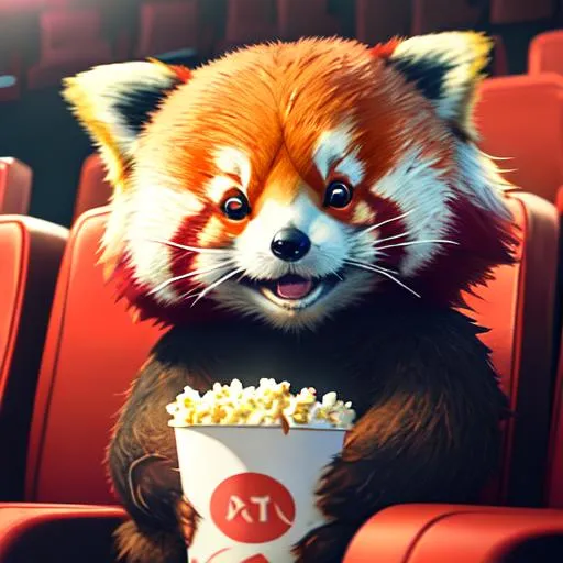 Prompt: Cute small humanoid red panda sitting in a movie theater eating popcorn watching a movie, unreal engine, volumetric, warm indoor lighting, artstation, detailed, digital painting, cinematic, character design by hayao miyazaki, unreal 5, daz, hyperrealistic, octane renderer, arnold renderer, 8k, matte