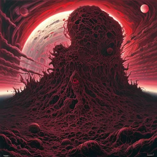 Prompt: a lump of red and black cosmic rot. hyperdetailed. cosmic horror. concept art. album cover 