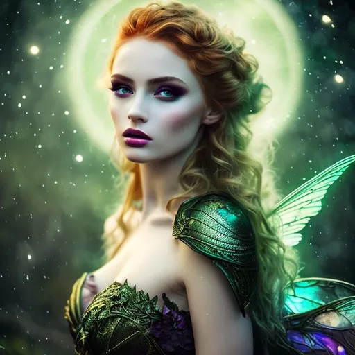 Prompt: HD, 4K, 3D, Stunning, magic, cinematic gothic beauty, ethereal green wings, fairy queen,gothic enchanted, light contrast, long, curly redhead hair, lovely, romantic, tender, purple light, moon glow, perfect female beauty, intricate, pale traslucent skin, golden ratio, look in camera, gorgeous body, gorgeous eyes