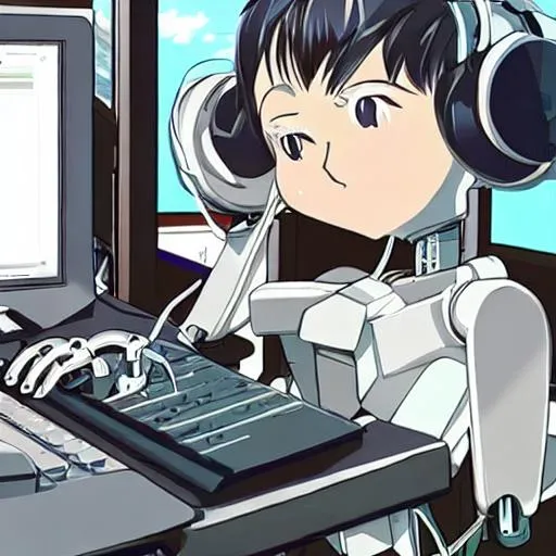 Prompt: anime robot listening to music on a sunny day while writing