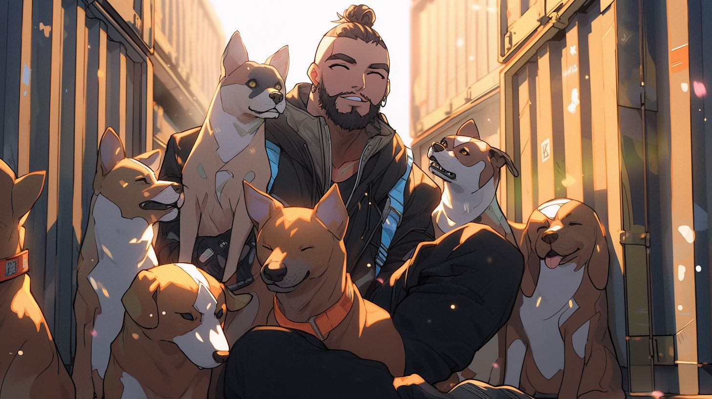 Prompt: a very wizardly looking youthful man, clean shaved, dressed like a hipster, blue half shaved head, bright blue eyes, exiting out out a shipping container with dogs and cats surrounding him, a bright golden light is behind him as he emerges as if he is heavenly --niji 5 --ar 16:9