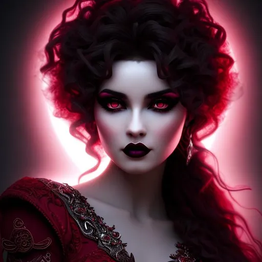 Prompt: The Goddess Lilith realistic red demon eyes Goth girl beautiful curly dark