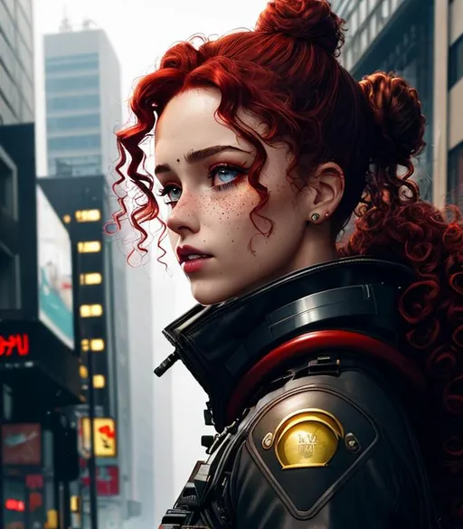 Prompt: "End of a hard day" - profile portrait of a cyberpunk girl. Curly hair in a red bun. Beautiful, freckled, striking face. High forehead, narrow, red eyelids, blue eyes, straight nose, natural lips, firm chin. Tired facial expression. Thick protective suit with bronze piping and edging. Background is a city street. Mist, fog, dim lighting.