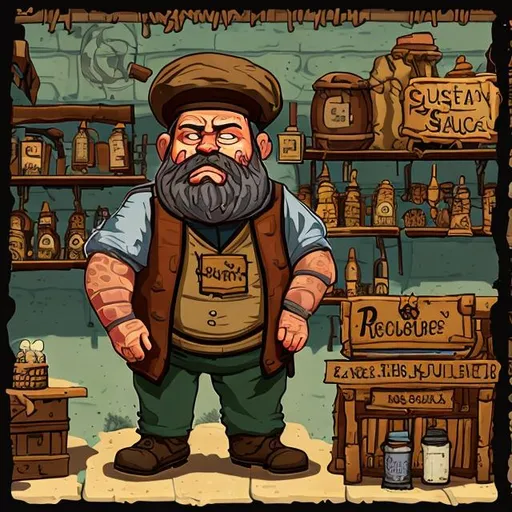 Prompt: Horace is the surly owner of the Adventuring Supply Shop in Praxis. He's got a sizeable beer gut and has a suspicious look in his eye, but his clothes are well pressed, his hair and beard are clean and combed, and despite a faint whiff of beer, he's steady on his feet. He buys and sells goods for adventuring.