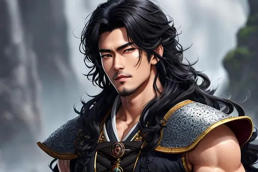 Prompt: japanese handsome guy, portrait of a young ruggedly handsome but charming demon's king, male, masculine, upper body, curly black hair, long hair, d & d, fantasy, full lips, intricate, elegant, highly detailed, digital painting, artstation, concept art, matte, sharp focus, illustration, art by artgerm and hirano sho and ryusei yokohama