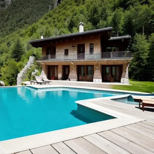 Prompt: Fantasy villa in a deep valley in Alps.. It is art deco style combined with bauhaus. There are trees around it. A big pool with sliders. 