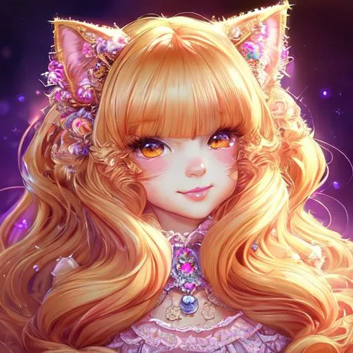 Prompt: Portrait Of A Cute Cat, Fluffy, Long Hair, Hyperdetalization Of Eyes, Lace, Beautiful Dress, Rhinestones, Sequins, Kind Face, Cute Smiles, Soft Facial Features, Thick Eyelashes, Jewelry, Lisa Frank, Anime, Anna Dittmann, Fantasy Art, Concept Art, Colourful Lighting, Golden Hour, anime Character Design, Unreal Engine, Vintage Photography, Beautiful, Tumblr Aesthetic, Retro Vintage Style, Hd Photography, Hyperrealism, Beautiful Watercolor Painting, Realistic, Detailed, Painting By Olga Shvartsur, Svetlana Novikova, Fine Art, Soft Watercolor